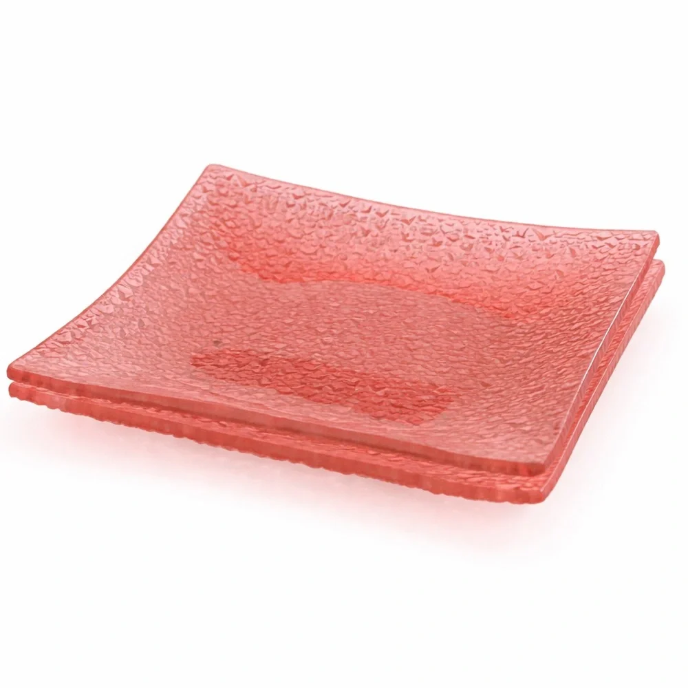 Set of 2 Pink Textured Glass Jewelry Trays – 6” Square Vanity Dishes